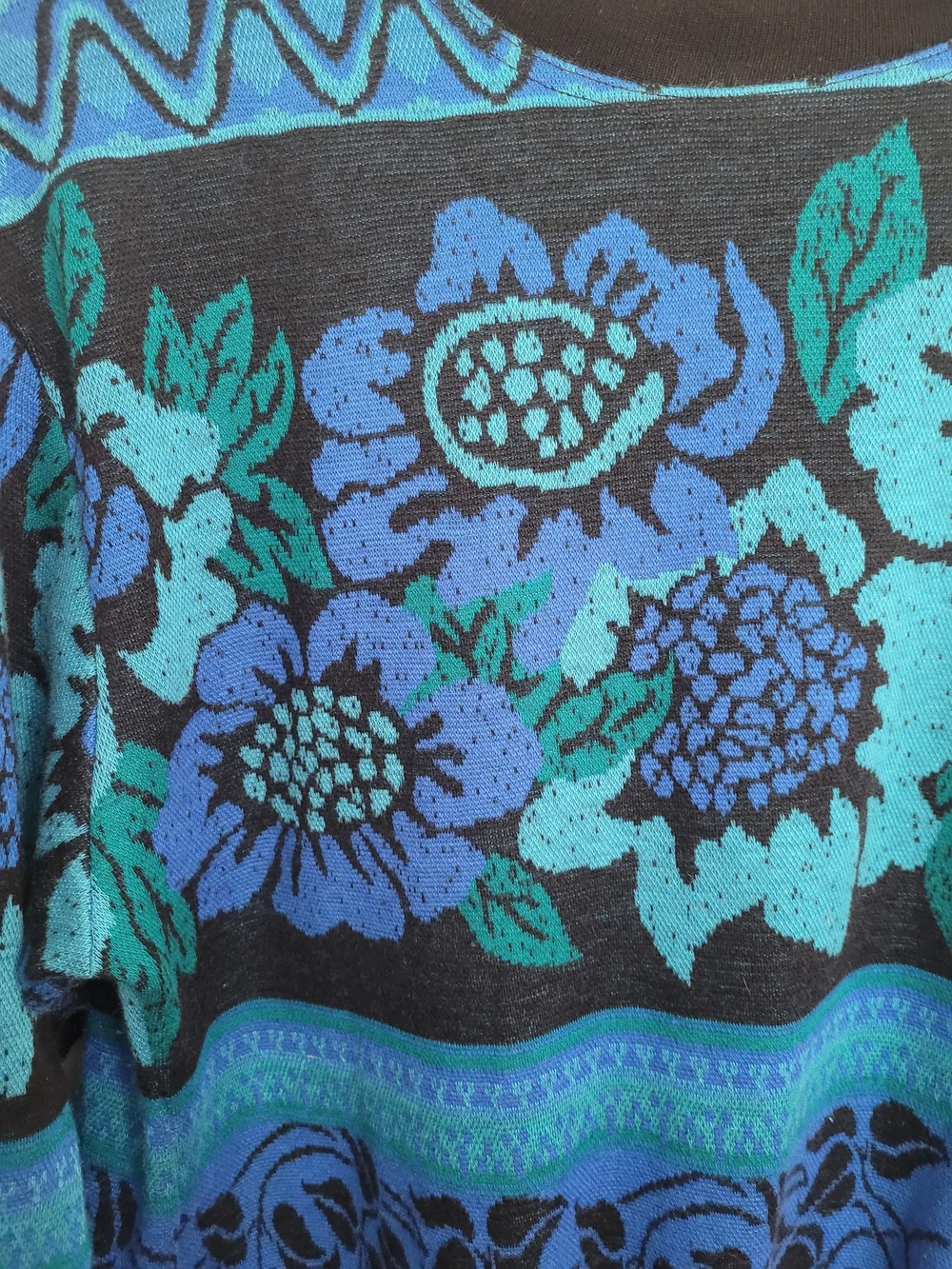 Vintage Top Notch Womens Floral Knit Crew Neck Sweater M Black Blue Teal